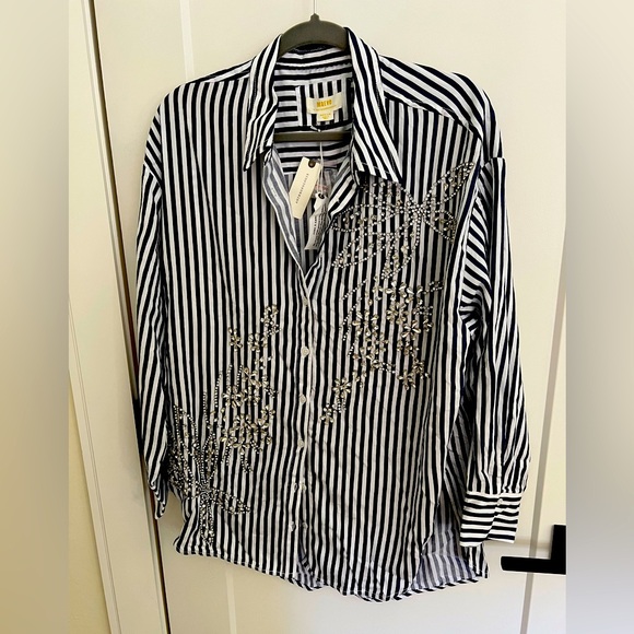 NWT Anthropologie Striped Sequined Button Up Shirt (Medium) - Picture 1 of 8